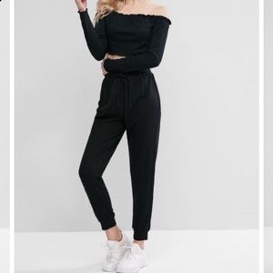 off the shoulder long sleeve, drawstring joggers